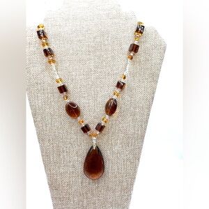 Artisan Amber Colored Teardrop and Silver Beaded Necklace
